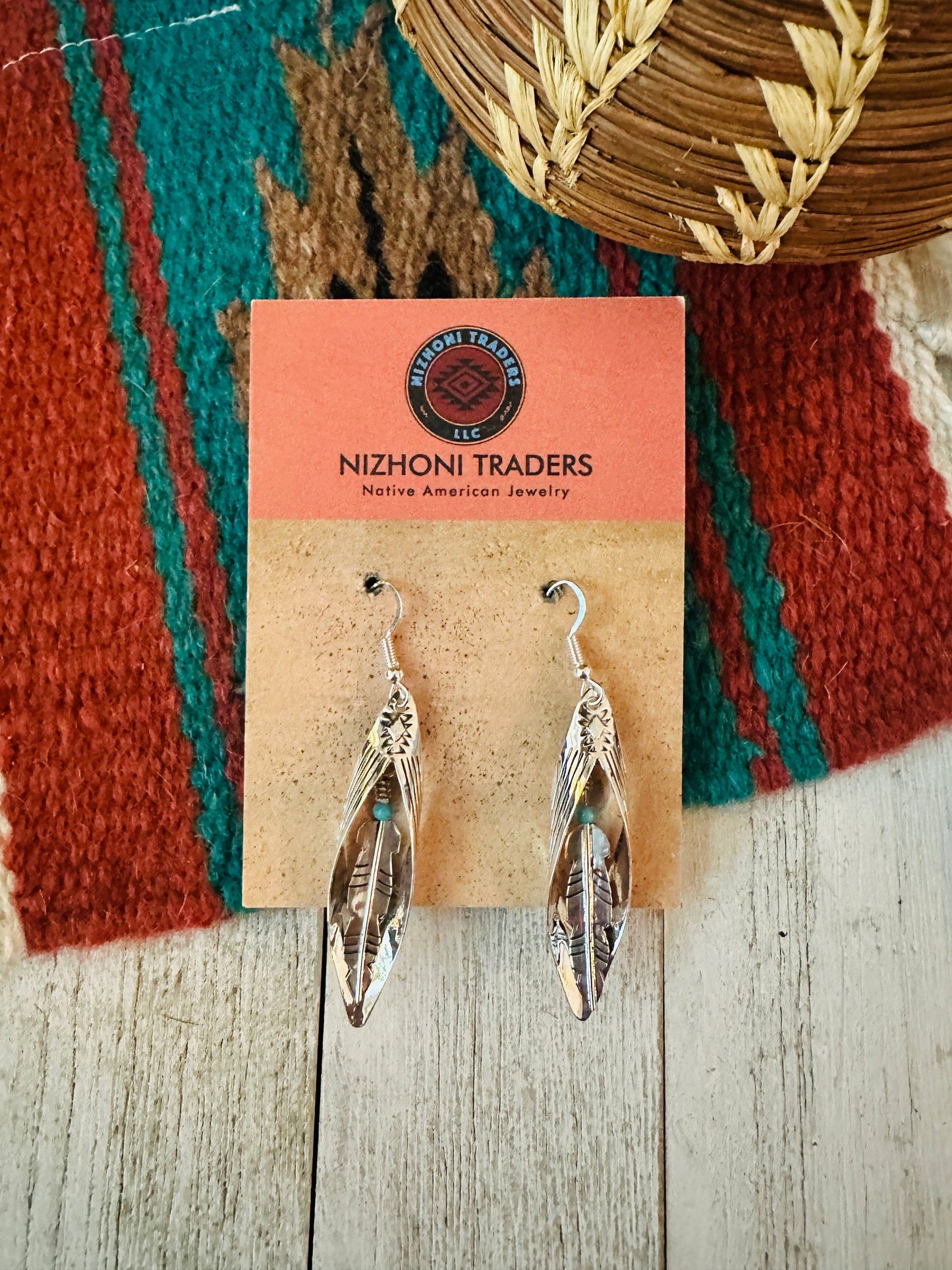 Turquoise & Sterling Silver Feather Dangle Earrings