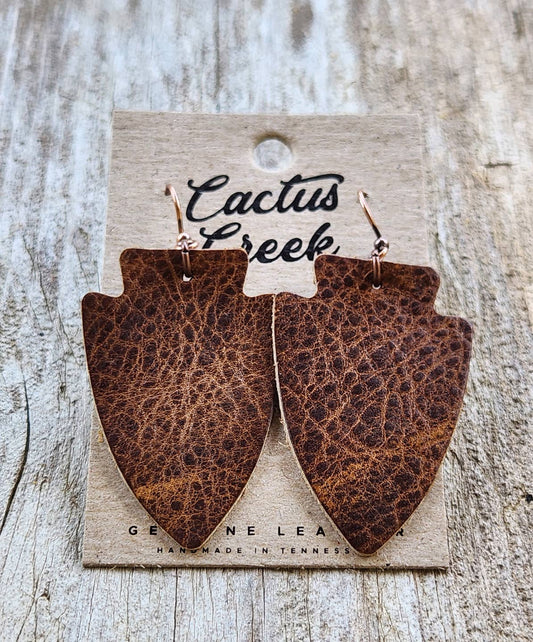 "Dalton" Distressed Leather Arrowhead Earrings