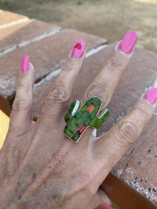 Native signed & stamped, Turquoise & Spiny Sterling Silver Handmade Inlay Saguaro Ring